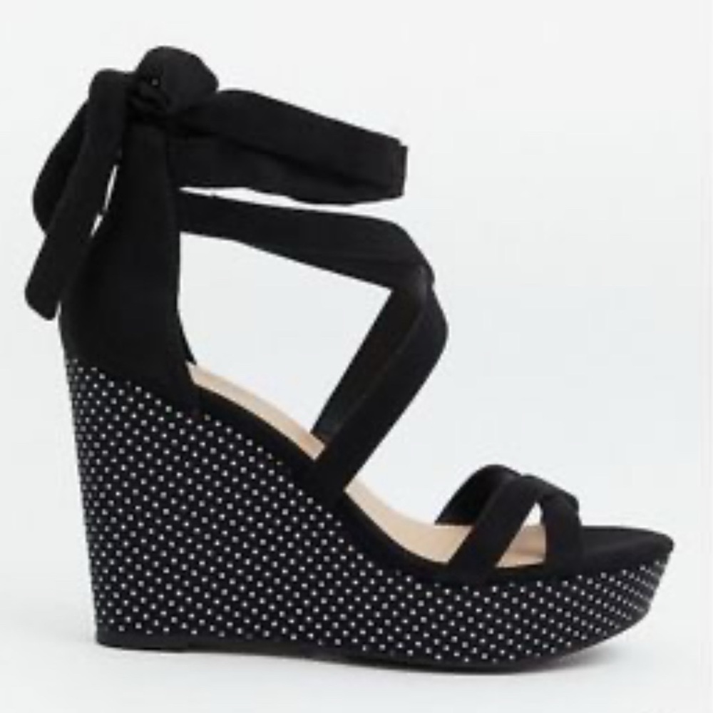 TORRID ~ Size 8.5W ~ Women's Polka Dot Wide Open Toe Ankle Wrap Wedge Sandals